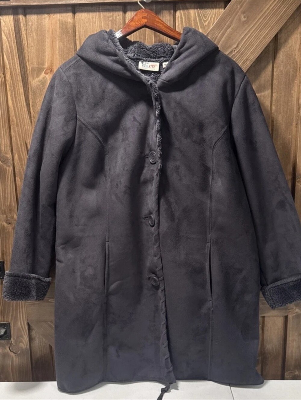 Denim And Co. Women's Faux Suede & Fur Sheerling Coat Black Whipstitch Size XL